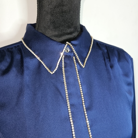 Ann Taylor Navy Satin Button-Down Blouse with Contrast Trim - Picture 3 of 7